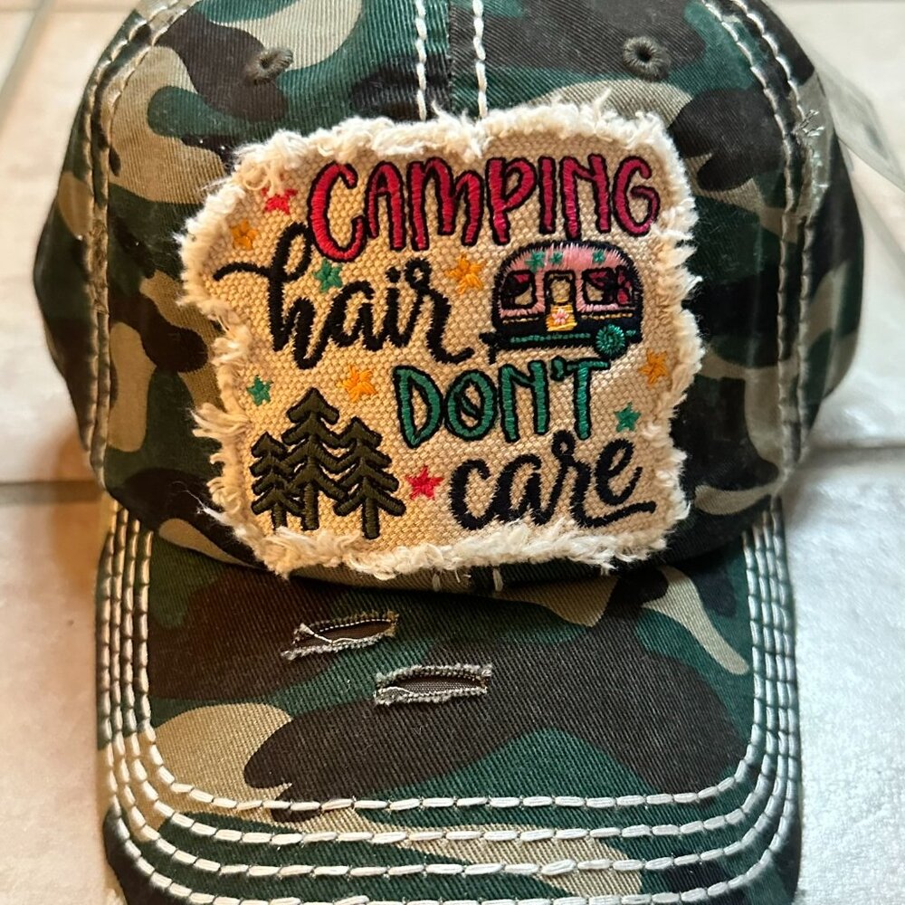 NWT Kbethos Womens Distressed Camo camping Hair don't care Baseball Cap
